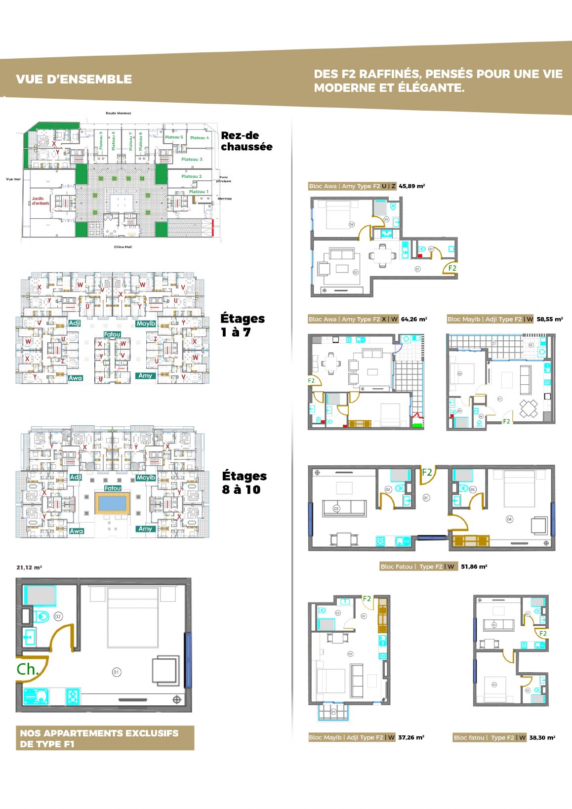 Planche de plans des Résidences Ya Khary : rez-de-chaussée, étages 1 à 7 et 8 à 10, appartements F1 21,12 m² et F2 de 37 à 64 m²
