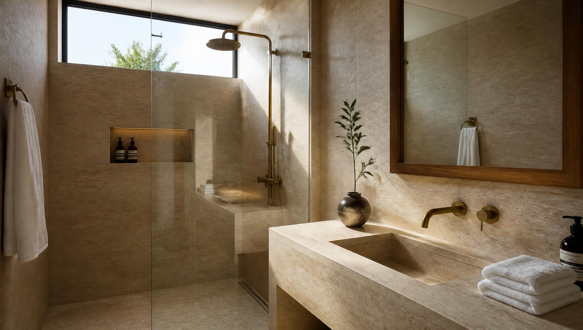 Salle de bain en travertin et laiton brossé