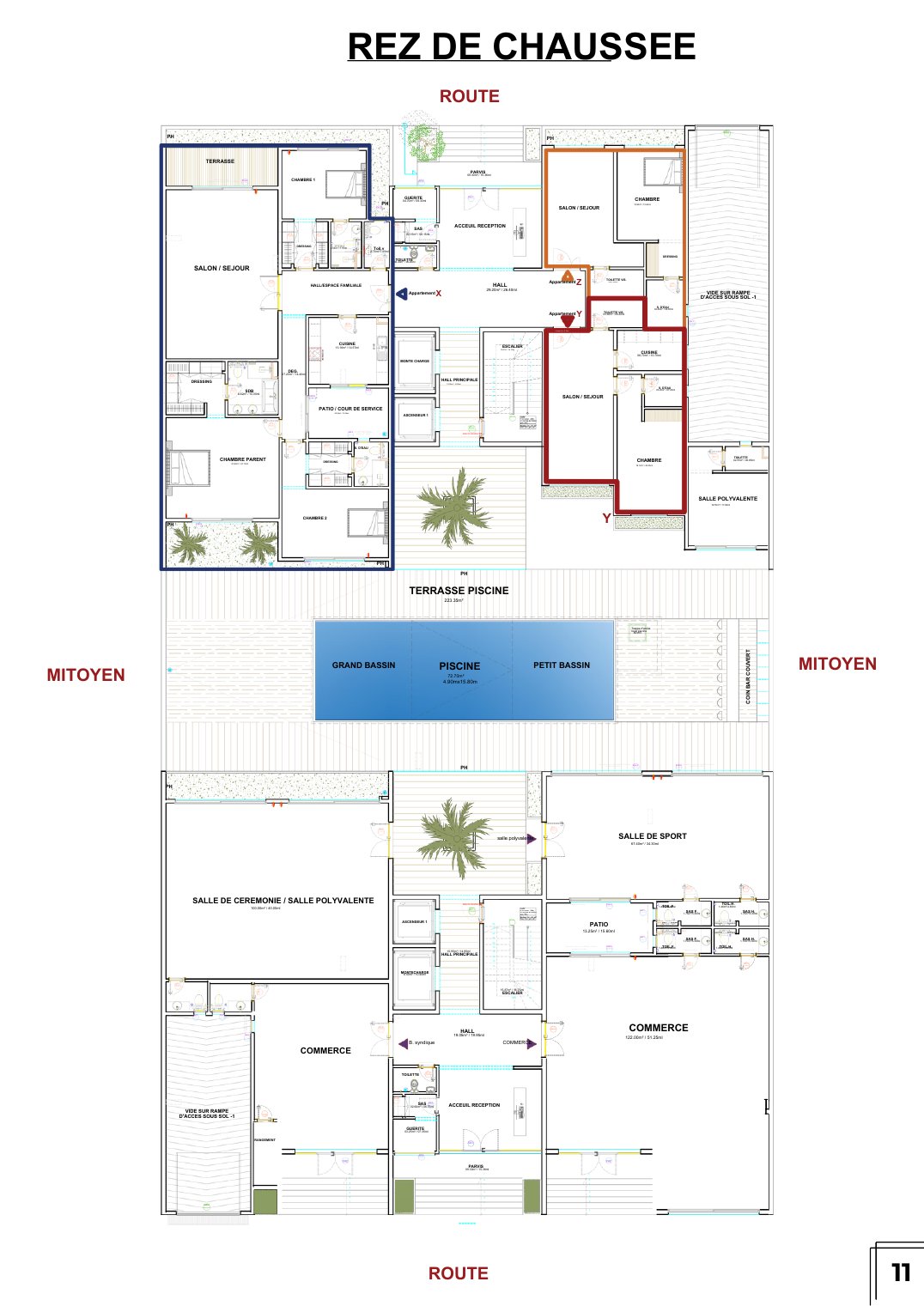 Plan du rez-de-chaussée de la Résidence Mayomba : appartements, piscine, commerces et salle de sport