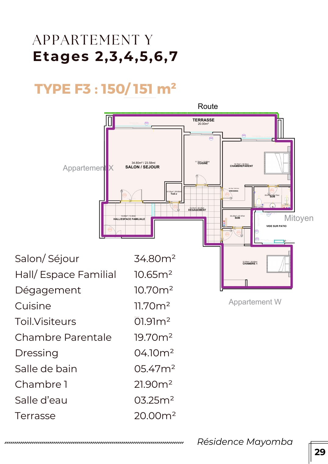 Plan de l'appartement Y aux étages 2 à 7, F3 de 150 à 151 m² avec terrasse de 20 m²