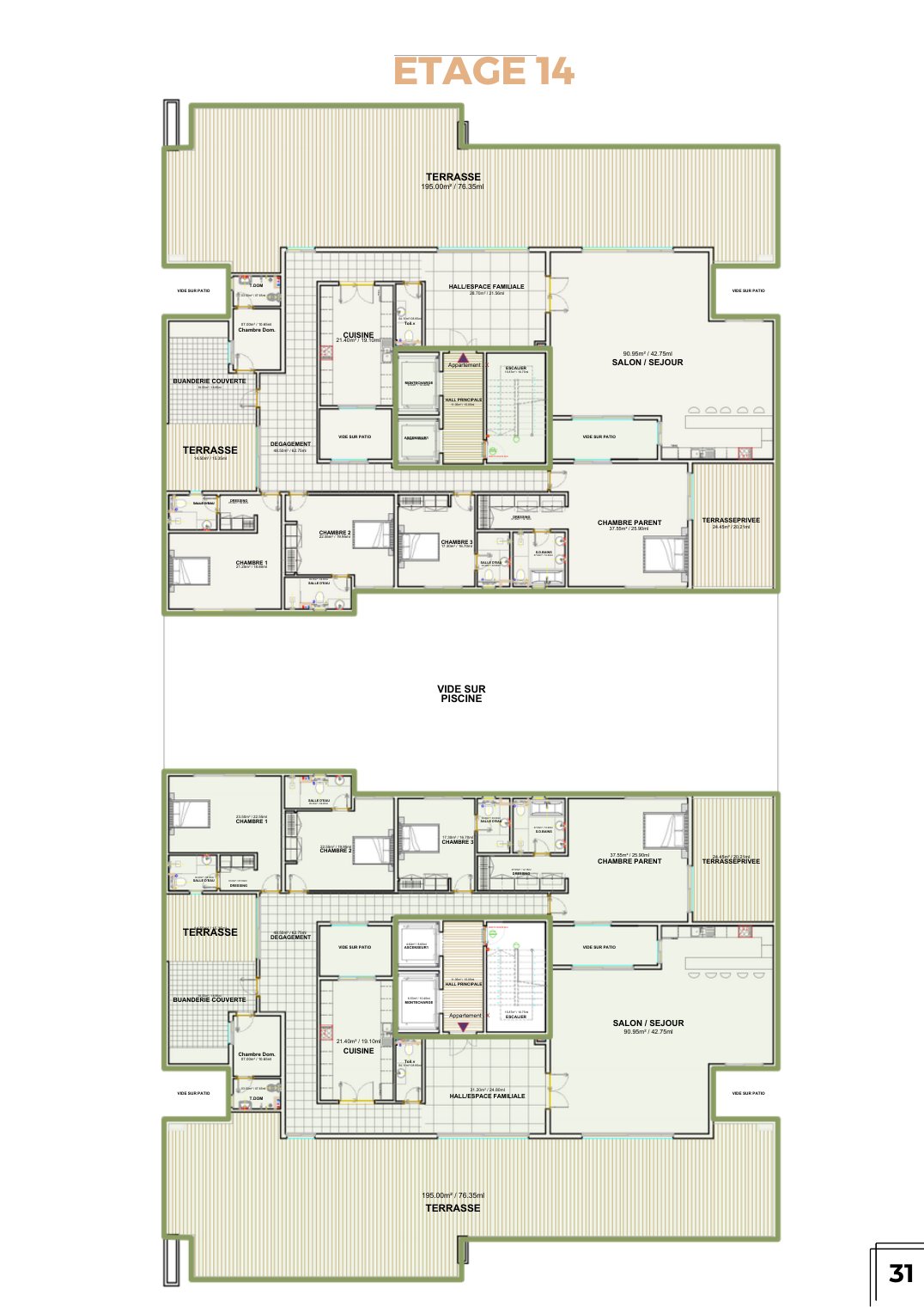 Plan du 14e étage de la Résidence Mayomba avec les deux penthouses et leurs terrasses