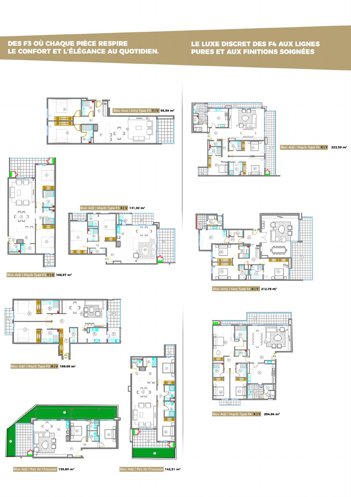 Planche de plans des Résidences Ya Khary : appartements F3 de 95,59 à 159,09 m² et F4 de 204,04 à 223,39 m²