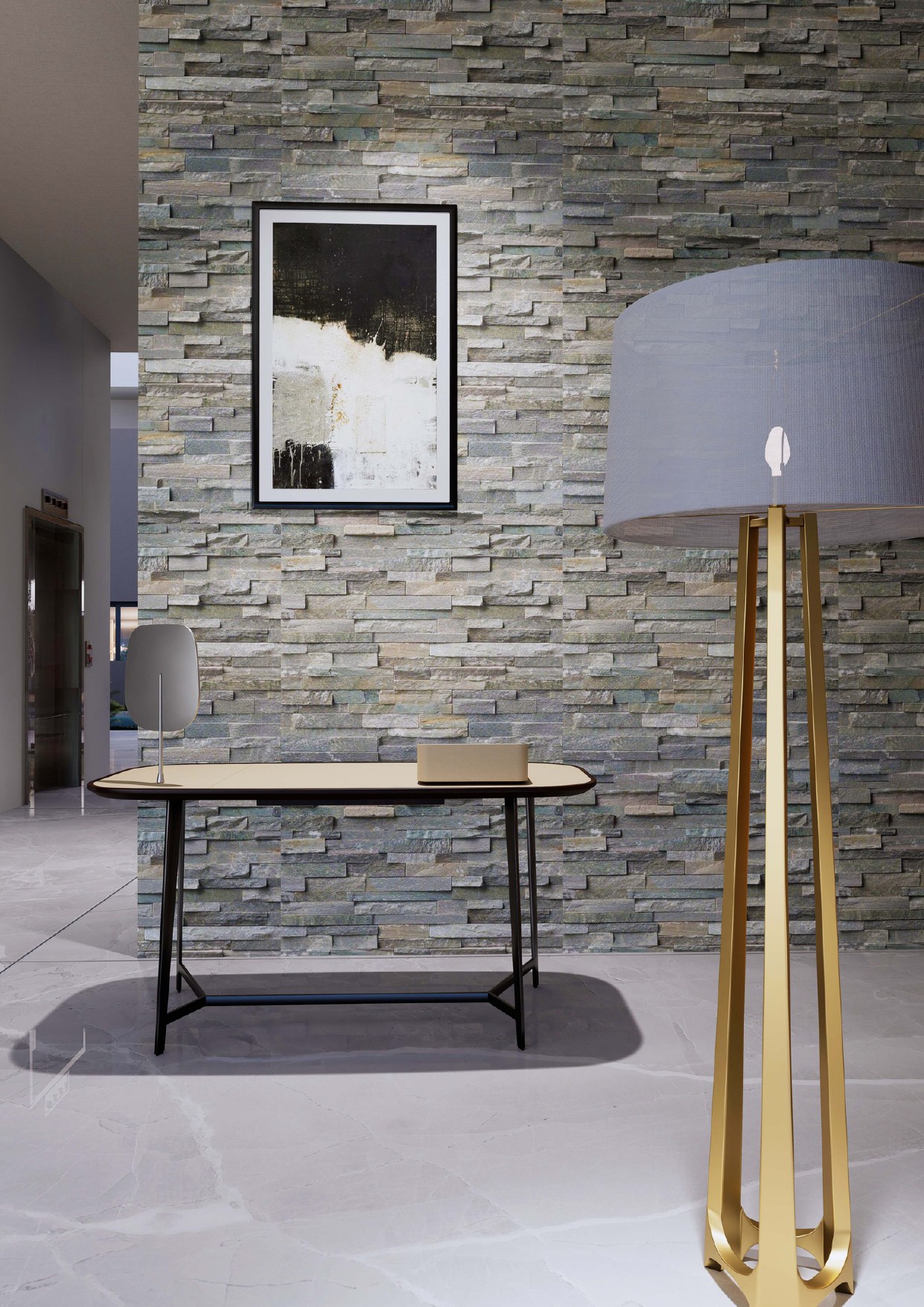 Lobby de la Résidence Mayomba, mur en pierre naturelle et console design
